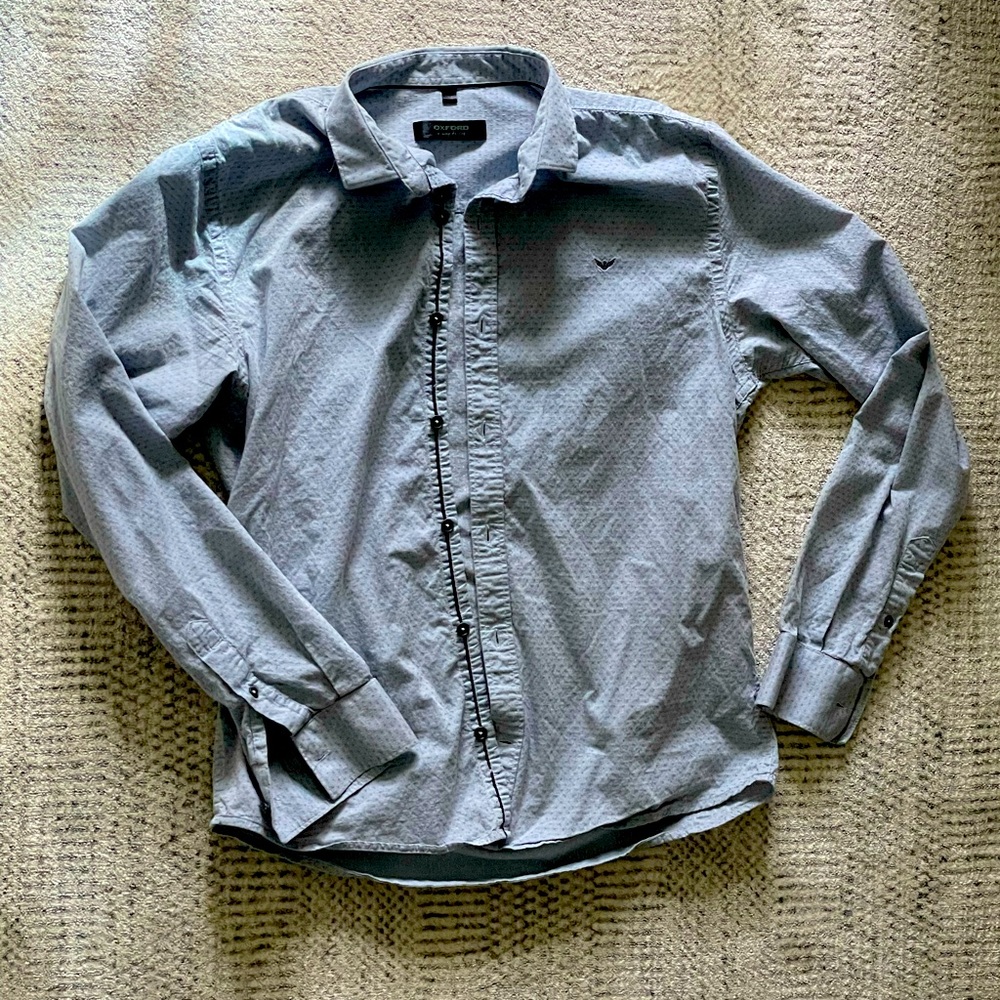 Grey Oxford Medium Long sleeve button down dress shirt. Barely worn, like new.